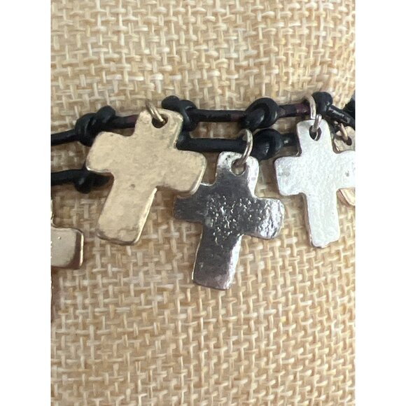 Double Leather Strand Bracelet Silver Gold Tone Cross Dangles Charms Button 6" - Picture 2 of 4